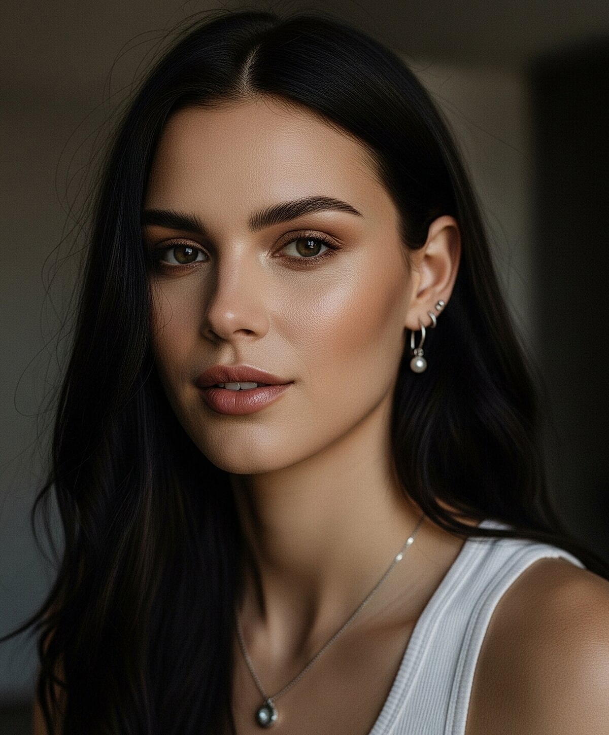 Portrait of a woman with natural makeup and jewelry.