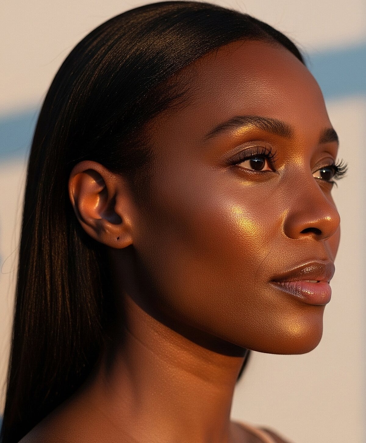 Model posing in neutral-colored lingerie against backdrop.
