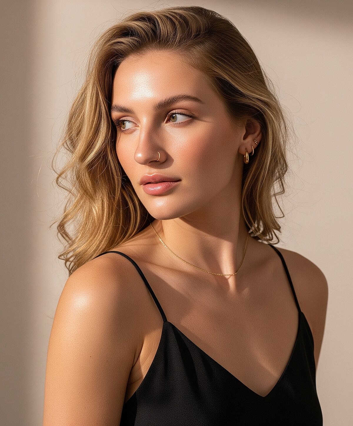 Model posing in neutral-colored lingerie against backdrop.