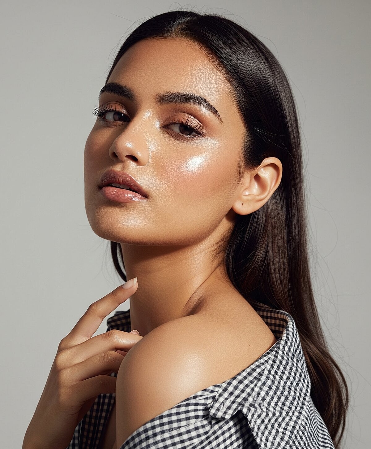 Model striking a pose against a textured wall.