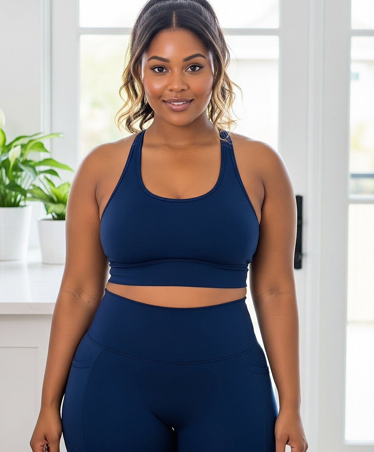 Model posing in neutral-colored lingerie against backdrop.